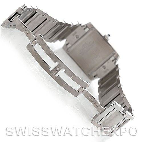 This image shows the back and clasp of a Cartier Tank Francaise W51011Q3 Women's Stainless Steel Silver Dial W51011Q3 Women's Stainless Steel Silver Dial watch, displaying the bracelet and folding clasp mechanism.