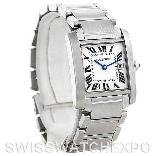 The image shows a side-angle view of a Cartier Tank Française watch, highlighting its face, bracelet, and clasp.