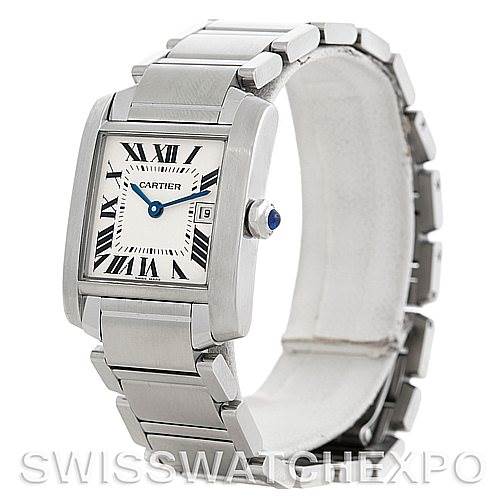 The image shows a front angle of the Cartier Tank Francaise W51011Q3 Women's Stainless Steel Silver Dial W51011Q3 Women's Stainless Steel Silver Dial watch, highlighting the face, bezel, bracelet, and crown.