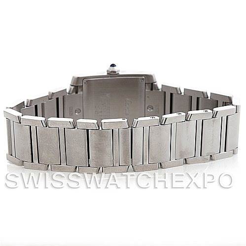 The image shows the back and bracelet of a Cartier Tank Française watch, viewed from a rear angle.