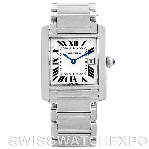 The image shows a front view of a Cartier Tank Francaise W51011Q3 Women's Stainless Steel Silver Dial W51011Q3 Women's Stainless Steel Silver Dial watch, highlighting its rectangular face, Roman numeral markers, and metal bracelet.
