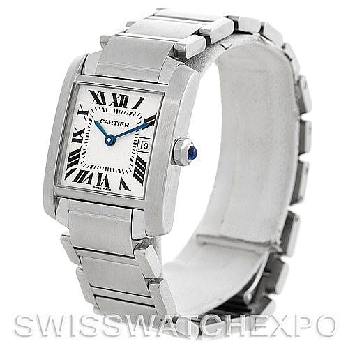 The image shows a Cartier Tank Française watch at a three-quarter angle, displaying the face, bracelet, and crown with a blue gemstone.