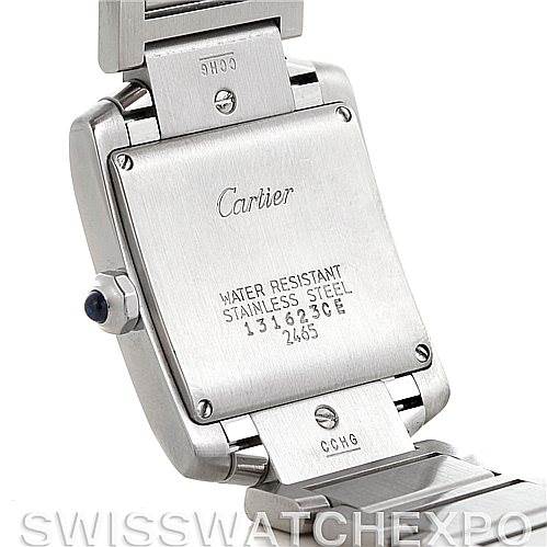 The image shows the back case of a Cartier Tank Francaise W51011Q3 Women's Stainless Steel Silver Dial W51011Q3 Women's Stainless Steel Silver Dial Watch, displaying its stainless steel construction and branding.