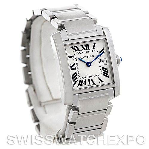 The image shows a Cartier Tank Francaise W51011Q3 Women's Stainless Steel Silver Dial W51011Q3 Women's Stainless Steel Silver Dial watch from a front angle, highlighting its rectangular face, Roman numeral dial, and metal bracelet.