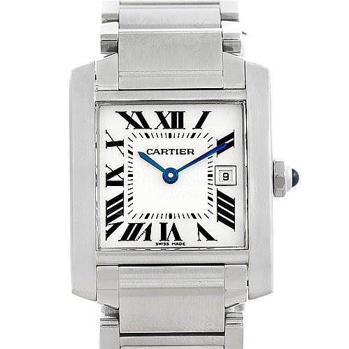 This image shows a frontal view of the Cartier Tank Francaise W51011Q3 Women's Stainless Steel Silver Dial W51011Q3 Women's Stainless Steel Silver Dial watch, revealing its face, bezel, and part of the bracelet.