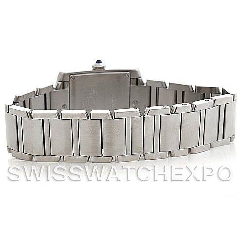 This image shows the back view of a Cartier Tank Francaise W51011Q3 Women's Stainless Steel Silver Dial W51011Q3 Women's Stainless Steel Silver Dial watch, highlighting its stainless steel bracelet.