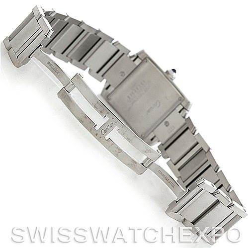 This image shows the back view of a Cartier Tank Francaise W51011Q3 Women's Stainless Steel Silver Dial W51011Q3 Women's Stainless Steel Silver Dial watch with an open stainless steel bracelet.