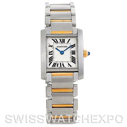 This image shows a front angle of a Cartier Tank Francaise W51007Q4 Women's Steel and Gold (two tone) Silver Dial W51007Q4 Women's Steel and Gold (two tone) Silver Dial watch, displaying its face, bracelet, and crown with a blue cabochon.