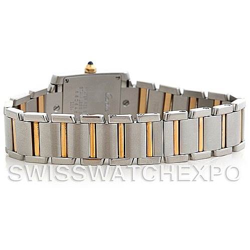 This image shows the back view of the bracelet of a Cartie Tank Française watch, highlighting the two-tone metal links.