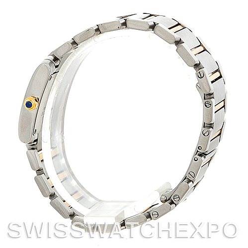 The image shows a side view of the Cartier Tank Francaise W51007Q4 Women's Steel and Gold (two tone) Silver Dial W51007Q4 Women's Steel and Gold (two tone) Silver Dial watch, highlighting its bracelet and crown with a blue gem.