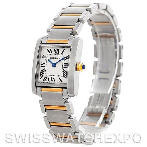 The image shows a Cartier Tank Francaise W51007Q4 Women's Steel and Gold (two tone) Silver Dial W51007Q4 Women's Steel and Gold (two tone) Silver Dial watch angled slightly to showcase its face, bracelet, and crown.
