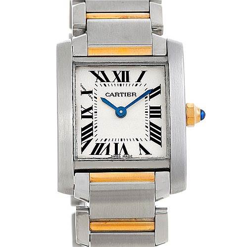 This image shows a front view of the Cartier Tank Française watch, displaying its face, bezel, and part of its bracelet.