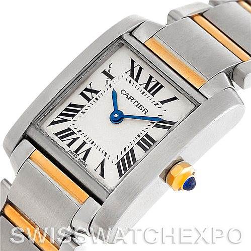 This image shows a close-up angled view of the Tank Francaise watch by Cartier, highlighting the face, crown, and part of the bracelet.