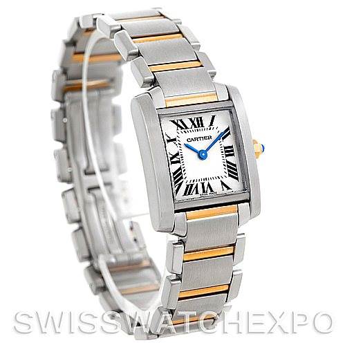 This Cartier Tank Francaise W51007Q4 Women's Steel and Gold (two tone) Silver Dial W51007Q4 Women's Steel and Gold (two tone) Silver Dial watch is shown at a three-quarter angle, highlighting its silver and gold bracelet and rectangular face.