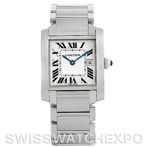 The image shows a front view of the Cartier Tank Française watch, highlighting its rectangular face, Roman numerals, and metal bracelet.