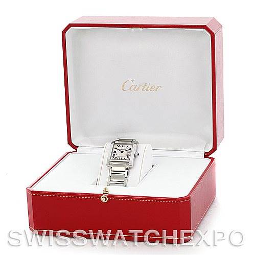 The Cartier Tank Française watch is displayed in an open red box, with its face and bracelet visible from the front angle.