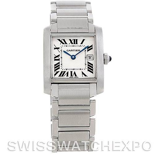 The image shows a front view of the Cartier Tank Francaise W51011Q3 Women's Stainless Steel Silver Dial W51011Q3 Women's Stainless Steel Silver Dial watch, highlighting the face, bracelet, and side crown.