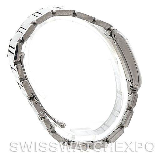 The image shows the side view of a Cartier Tank Francaise W51011Q3 Women's Stainless Steel Silver Dial W51011Q3 Women's Stainless Steel Silver Dial watch, highlighting its stainless steel bracelet and clasp.