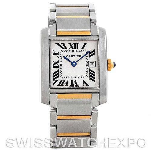 This image shows a front view of the Cartier Tank Francaise W51012Q4 Women's Steel and Gold (two tone) Silver Dial W51012Q4 Women's Steel and Gold (two tone) Silver Dial watch featuring its face, bezel, and bracelet.