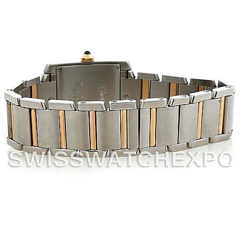 The image shows the back view of a Cartier Tank Francaise W51012Q4 Women's Steel and Gold (two tone) Silver Dial W51012Q4 Women's Steel and Gold (two tone) Silver Dial watch, highlighting its two-tone metal link bracelet.