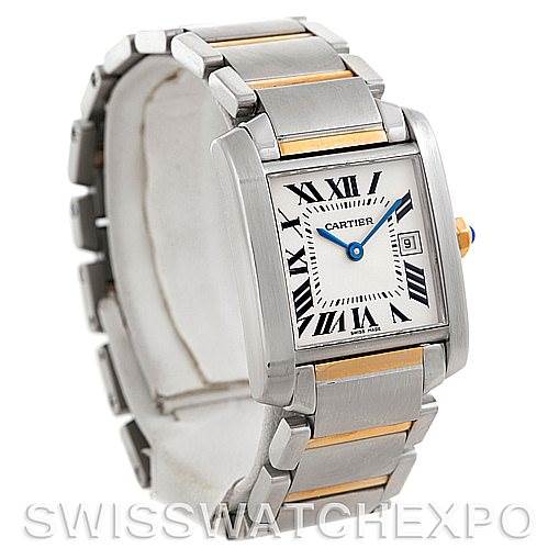 This image shows a Cartier Tank Francaise W51012Q4 Women's Steel and Gold (two tone) Silver Dial W51012Q4 Women's Steel and Gold (two tone) Silver Dial watch angled to display its face, bracelet, and crown with a blue cabochon.