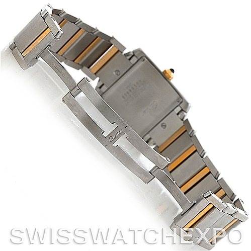 The image shows the back of a Cartier Tank Francaise W51012Q4 Women's Steel and Gold (two tone) Silver Dial W51012Q4 Women's Steel and Gold (two tone) Silver Dial watch, highlighting the metal bracelet and clasp.