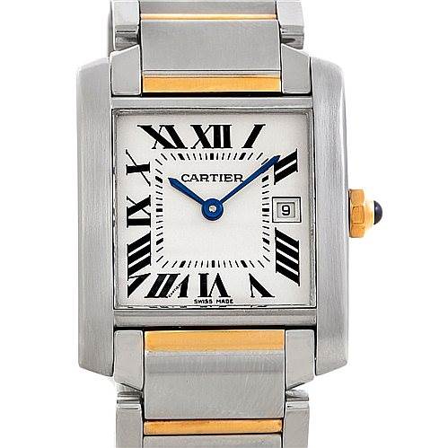 The Cartier Tank Francaise W51012Q4 Women's Steel and Gold (two tone) Silver Dial W51012Q4 Women's Steel and Gold (two tone) Silver Dial watch is shown from a front angle, displaying its face, steel and gold bracelet, and crown with a sapphire cabochon.