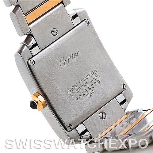 This image shows the back case and part of the bracelet of a Cartier Tank Francaise W51012Q4 Women's Steel and Gold (two tone) Silver Dial W51012Q4 Women's Steel and Gold (two tone) Silver Dial watch.