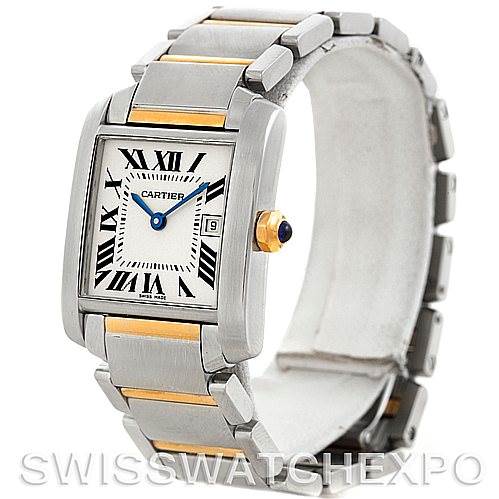 The image shows a Cartier Tank Francaise W51012Q4 Women's Steel and Gold (two tone) Silver Dial W51012Q4 Women's Steel and Gold (two tone) Silver Dial watch at a three-quarter angle, highlighting the face, bezel, crown, and part of the bracelet.