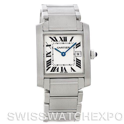 This is a front view of the Cartier Tank Francaise W51011Q3 Women's Stainless Steel Silver Dial W51011Q3 Women's Stainless Steel Silver Dial watch, displaying the bracelet, case, dial, and crown.