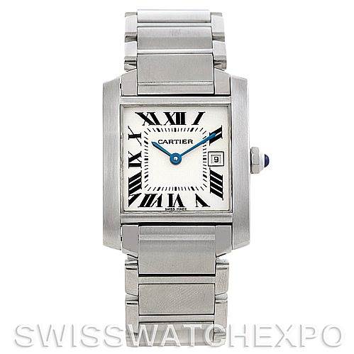 This image shows a front view of a Cartier Tank Francaise W51011Q3 Women's Stainless Steel Silver Dial W51011Q3 Women's Stainless Steel Silver Dial watch, displaying its dial, bracelet, and the date window.