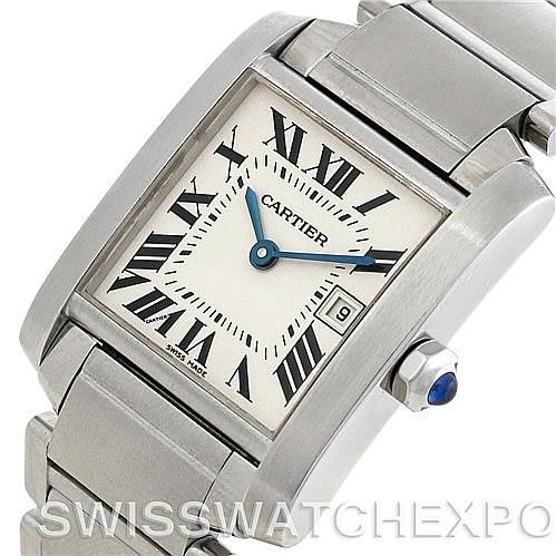 The image shows a close-up view of the Cartier Tank Française watch, highlighting its face and part of the bracelet.