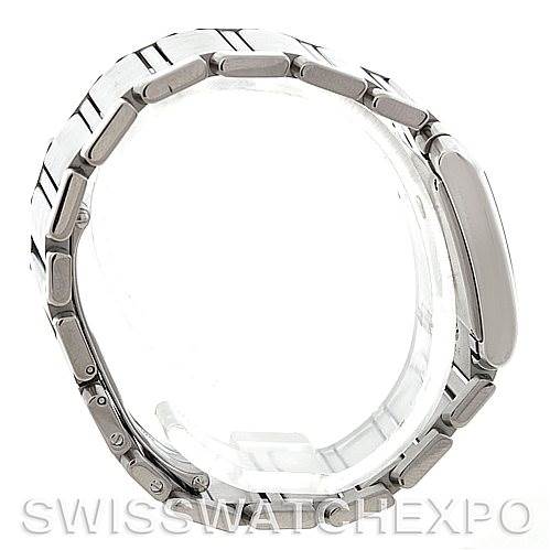 This image shows a side view of the Cartier Tank Francaise W51011Q3 Women's Stainless Steel Silver Dial W51011Q3 Women's Stainless Steel Silver Dial watch, focusing on its metal bracelet and crown.