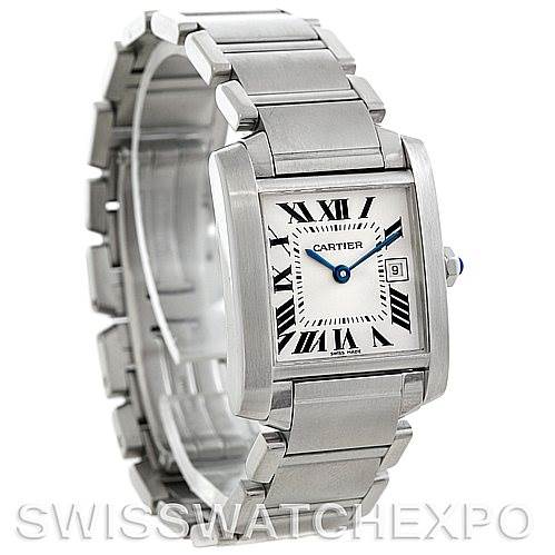 This image shows a Cartier Tank Francaise W51011Q3 Women's Stainless Steel Silver Dial W51011Q3 Women's Stainless Steel Silver Dial watch at a three-quarter angle, highlighting its bracelet, rectangular case, and Roman numeral dial.