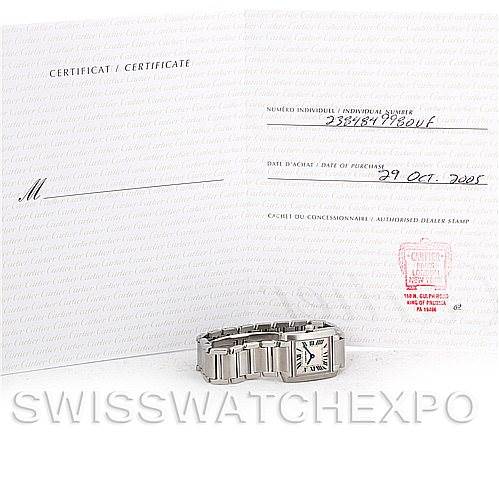The image shows a Cartier Tank Francaise W51028Q3 Women's Stainless Steel Mother of Pearl Dial W51028Q3 Women's Stainless Steel Mother of Pearl Dial watch with paperwork displaying the certificate and purchase details.