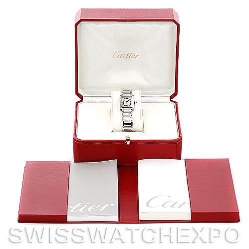 The Cartier Tank Francaise W51028Q3 Women's Stainless Steel Mother of Pearl Dial W51028Q3 Women's Stainless Steel Mother of Pearl Dial watch is displayed in its open box, with accompanying booklets and papers shown in front.