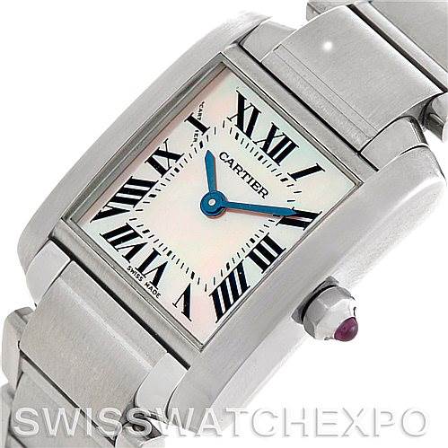 The image shows a close-up angled view of the Cartier Tank Francaise W51028Q3 Women's Stainless Steel Mother of Pearl Dial W51028Q3 Women's Stainless Steel Mother of Pearl Dial watch, highlighting the face, bracelet, and crown.