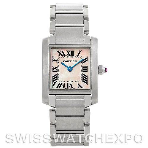 This image shows a front view of the Cartier Tank Francaise W51028Q3 Women's Stainless Steel Mother of Pearl Dial W51028Q3 Women's Stainless Steel Mother of Pearl Dial model watch, highlighting the square dial, Roman numerals, and stainless steel bracelet.