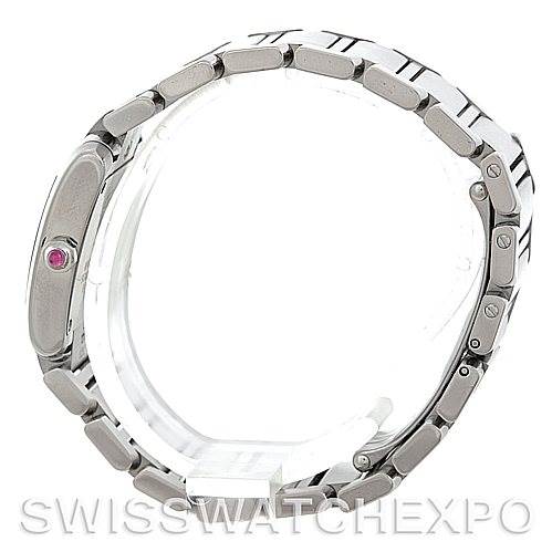 The image shows a side view of the Cartier Tank Francaise W51028Q3 Women's Stainless Steel Mother of Pearl Dial W51028Q3 Women's Stainless Steel Mother of Pearl Dial watch, focusing on the bracelet and the case's side crown.