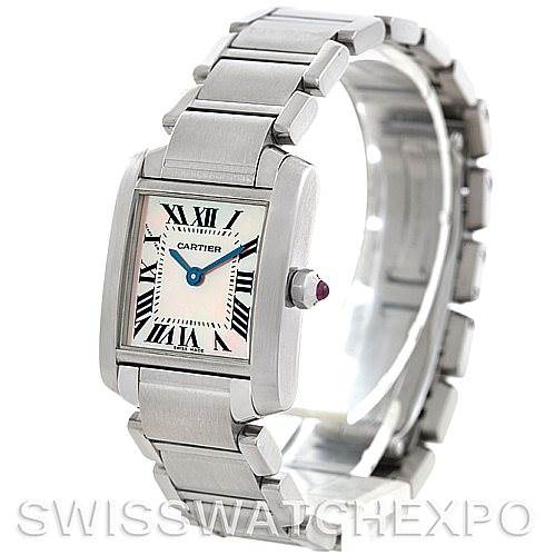 This image shows a Cartier Tank Francaise W51028Q3 Women's Stainless Steel Mother of Pearl Dial W51028Q3 Women's Stainless Steel Mother of Pearl Dial watch at a slight angle, highlighting its face, bracelet, and crown.