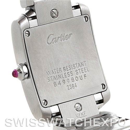 This image shows the back case of a Cartier Tank Française watch, highlighting its water resistance and stainless steel construction.