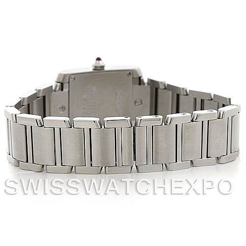 The image shows the back view and bracelet of a Cartier Tank Française watch.