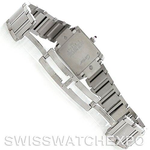 This image shows the Tank Francaise by Cartier from the back, focusing on the clasp, bracelet, and case back.