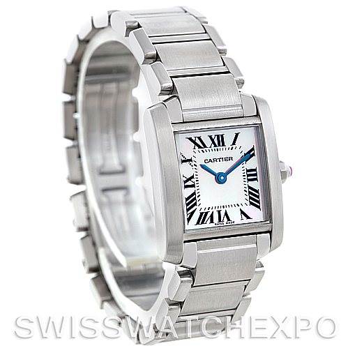 The image shows a Cartier Tank Francaise W51028Q3 Women's Stainless Steel Mother of Pearl Dial W51028Q3 Women's Stainless Steel Mother of Pearl Dial watch at an angle highlighting the face, bezel, and bracelet.