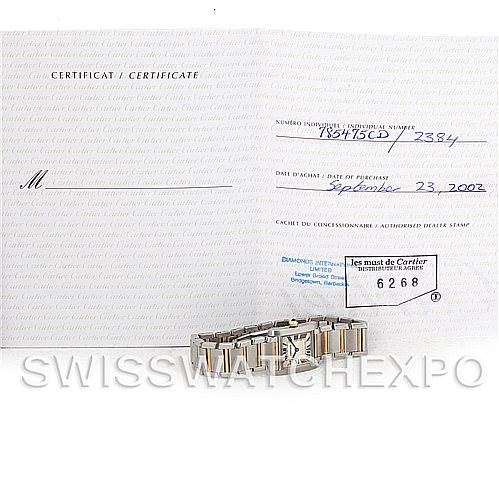 The image shows a Cartier Tank Francaise W51007Q4 Women's Steel and Gold (two tone) Silver Dial W51007Q4 Women's Steel and Gold (two tone) Silver Dial watch band and part of the watch, accompanied by a certificate of authenticity.