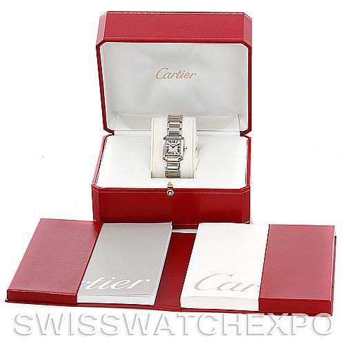 The Cartier Tank Francaise W51007Q4 Women's Steel and Gold (two tone) Silver Dial W51007Q4 Women's Steel and Gold (two tone) Silver Dial watch is displayed in an open red box with accompanying booklets.