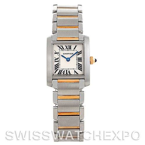 The image shows a Cartier Tank Francaise W51007Q4 Women's Steel and Gold (two tone) Silver Dial W51007Q4 Women's Steel and Gold (two tone) Silver Dial watch from a front angle, featuring its dial, case, and metal bracelet.