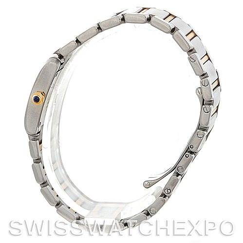 This side view of the Cartier Tank Francaise W51007Q4 Women's Steel and Gold (two tone) Silver Dial W51007Q4 Women's Steel and Gold (two tone) Silver Dial watch shows its bracelet, case, and crown.