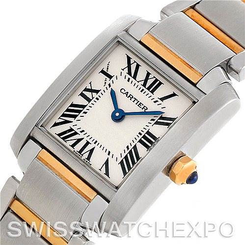 This image shows a Cartier Tank Francaise W51007Q4 Women's Steel and Gold (two tone) Silver Dial W51007Q4 Women's Steel and Gold (two tone) Silver Dial watch at a slight angle, highlighting its face, crown, and part of the bracelet.