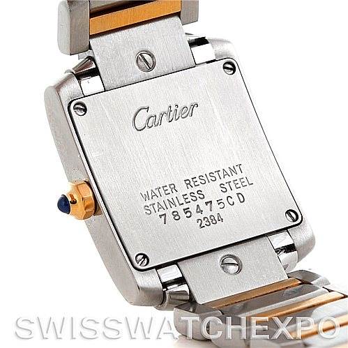 This image shows the back case and part of the bracelet of a Cartier Tank Française watch.